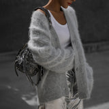 knitted Faux Mink Fur V-neck Knitted Cardigan for Women Autumn and Winter New Lazy Loose Long Sleeve Outer Sweater Coat