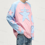 Taooba 90s streetwear Women's Men's and Women's Star Patch Embroidered Long-Sleeved Men's T-shirt Top Letters Trendy Spring and Summer