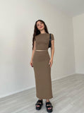 Taooba- Casual Khaki Round Neck Crop Top and Skirt Set