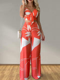 Taooba- Sexy Casual Printed V Neck Crop Top & High Waist Wide Leg Pants Set