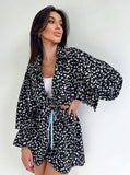 Taooba- Two Piece Floral Print Cardigan Long Sleeve Shorts Pajamas Suit