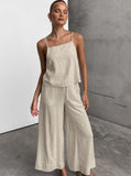 Taooba- Lace-Up Casual Sleeveless Top Wide Leg Pants Two Piece Set