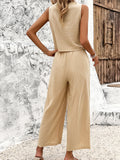 Taooba- Buttoned Sleeveless V-Neck Vest and Pants Suit