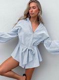 Taooba- Blue Striped Long Sleeve Shorts One Piece Pajamas