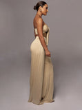 Taooba- Beige Lace-Up Tube Top and Mid Waist Wide Leg Pants