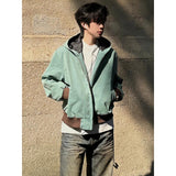  jacket outfit Hip Hop High Street Lake Green Canvas Washed Boxy Short Hooded Jacket Men's Autumn Loose Jacket