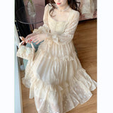 harajuku dress to impress Gentle Style Fairy Temperament Dress Autumn New French Court Style Lace Stitching Lantern Sleeve Square Collar Fairy Midi Dress