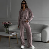 90s streetwear 2024 Casual Autumn Women's Suit Solid Color Long-Sleeved Cardigan Cap Top Sports Trousers Two-Piece Set