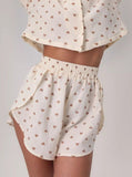 Taooba- Two Piece Heart Printed Short Sleeve Slit Shorts Set