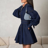 business casual outfits 2024 New Denim Shirt Dress Niche Lantern Sleeve Lace-up Temperament Fashion Dress