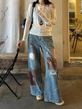 casual outfits Retro Niche Splash-Paint Cloth Patch Jeans for Women Spring and Autumn New Hot Girl Washed Ripped Mop Pants