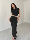 Taooba- Casual Black Round Neck Crop Top and Skirt Set