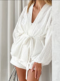 Taooba- White Jacquard V-Neck Robe Two-Piece Set