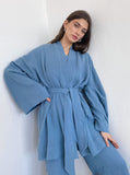 Taooba- Blue Long-Sleeves Loose Trouser Two-Piece Suit