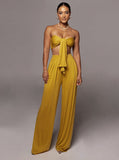 Taooba- Gold Lace-Up Tube Top and Mid Waist Wide Leg Pants