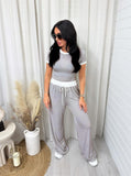 Taooba- Casual Gray Two Piece Round Neck Short Sleeve Tops Wide Leg Pants Set