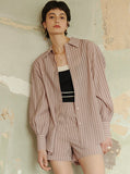 Taooba- French Stripe Long-Sleeved Shirt and Shorts Set