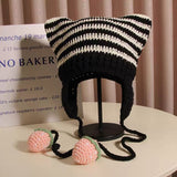 crochet adult hat Japanese Online Celebrity Ins Striped Knitted Wool Hat Women's Cute Trendy Cat Ear Earmuffs Autumn and Winter Warm Hat