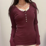 INS Hot Girl Slim-Fit Lace Stitching Fake Two-Piece Breasted Top Wine Red White Autumn and Winter Knitted Long Sleeve