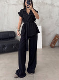 Taooba- Casual Sleeveless Cardigan High-Waisted Trouser Suit