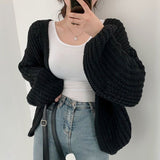 outfit inspo Chic Autumn Lazy Style V-neck Versatile Loose Casual Solid Color Lantern Sleeve Knitted Cardigan Sweater Coat