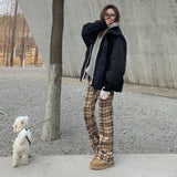 fall fashion Design Sense Niche Khaki Plaid Casual Trousers Women's Spring and Autumn American Retro High Waist Slimming Micro Flared Pants