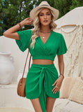 Taooba- Elegant Short Sleeve Crop Top Front Tie Shorts