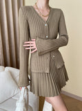 Taooba- Coffee Two Piece Knitted Pleated Cardigan and Skirt Set