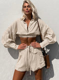 Taooba- Navel-Baring Long-Sleeved Lace-up Short Casual Set