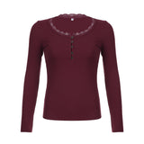 INS Hot Girl Slim-Fit Lace Stitching Fake Two-Piece Breasted Top Wine Red White Autumn and Winter Knitted Long Sleeve