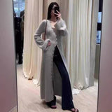 datenight fall outfits Women's Long Knitted Cardigan 2024 Autumn Elegant Slim Fit Casual V-neck Sweater Coat