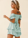 Taooba- Sexy Light Green Off Shoulder Tie Waist Top and Short Set