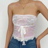 grunge dti Sweet Niche Style Design Lace Edge Strap off-the-Neck Tube Top Thin Summer Fashion Navel Short Vest