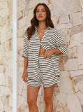 Taooba- White Striped Half Sleeve Tops and Shorts Set