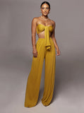 Taooba- Gold Lace-Up Tube Top and Mid Waist Wide Leg Pants