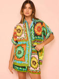 Taooba- Versatile Printed Daisy Flower Casual Loose Two Sets