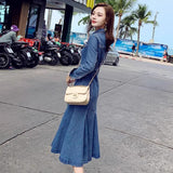 buisness casual women outfits chic Denim Dress Mid-Length Women's 2024 Spring and Autumn Korean Style Fashionable Tight Waist Long Sleeve Casual Elegant Dress Fashion