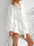 Taooba- White Jacquard V-Neck Robe Two-Piece Set