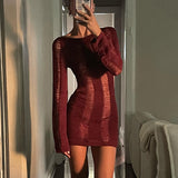 frat outfits Long Sleeve Hollow-out Backless Dress Sexy Tight Hollow-out Sheath Woolen Spring and Summer Women's Clothing Dress