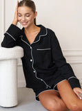 Taooba- Simple Silk Long-Sleeved Comfortable Black Nightwear