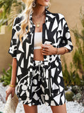 Taooba- Two Piece Geometric Printed White and Black Shorts Set