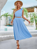 Taooba- Two Piece One Shoulder Asymmetrical Top High Waisted Skirt