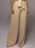 Taooba- Beige Lace-Up Tube Top and Mid Waist Wide Leg Pants