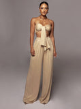 Taooba- Beige Lace-Up Tube Top and Mid Waist Wide Leg Pants