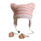 crochet adult hat Japanese Online Celebrity Ins Striped Knitted Wool Hat Women's Cute Trendy Cat Ear Earmuffs Autumn and Winter Warm Hat