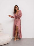 fall photoshoot outfits 2024 Floral Bohemian Dress Wrap V-neck Long Sleeve Split Hem A- line Elegant Maxi Dress for Women