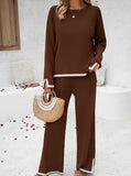 Taooba- Brown Long-Sleeve Shirt and Small Slit Long Pants Knitted Suit