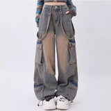 y2k Jeans Women's Autumn Dopamine Wear Retro Distressed Large Pocket Design Straight Trousers