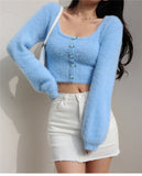 Taooba Aria Rose Button Fuzzy Crop Cardigan in Blue