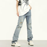 RTK (W) Taooba. 2041 BLUE DISTRESSED RIPPED SLIM STRAIGHT DENIM JEANS